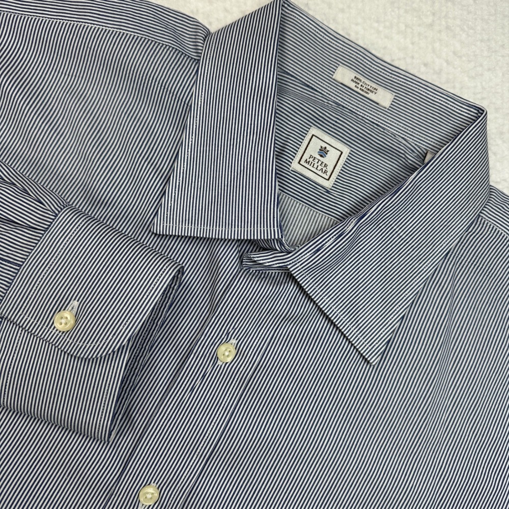 Peter Millar Button Down Shirt Mens 18 L Blue White Striped Cotton Long Sleeve